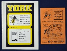 2x Rugby League programmes to incl 1954 Blackpool Borough v Castleford (VG) and 1975 York v