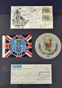Signed Geoff Hurst First Day Cover and Cheque Display with the FDC also signed by Stiles, Wilson,