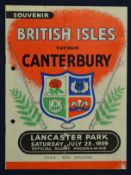 1959 British Lions v Canterbury rugby programme – played on the 25th July at Christchurch with
