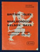 Scarce 1971 British Lions v Marlborough – Nelson Bays rugby programme – played on the 22nd June At