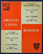 Scarce 1974 British Lions v Border rugby programme - played on Wednesday 17th of July which saw