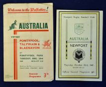 2x 1947 Australia Rugby Tour to UK v Welsh team programmes - to incl v Newport played on Oct 23rd (