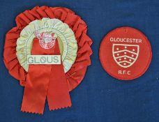 Gloucester Rugby Club supporters rosette and cloth blazer badge – the rosette mounted with “Good