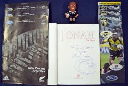 Jonah Lomu New Zealand All Black signed rugby book et al – to incl a signed copy of the