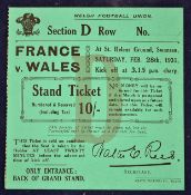 1931 Wales v France rugby ticket - played at St Helens Ground Swansea on Saturday 28th February