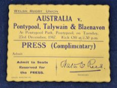 1947 Pontypool, Talywain and the Blaenavon v Australia rugby ticket - played on Tuesday, December