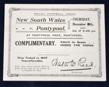 1927 Pontypool v New South Wales rugby ticket - played on Thursday 8th December at Pontypool Park-