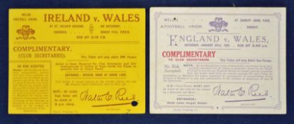2x 1922 Wales Rugby International tickets – for both of their home fixtures to include v England