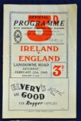 1949 Ireland (Champions) v England (Runners Up) rugby programme - played on February 12th at