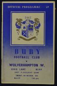 1953/1954 Bury v Wolverhampton Wanderers Football Programme friendly match dated 6 October 1953,