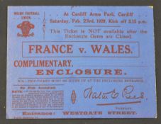 1929 Wales v France rugby ticket – played at Cardiff Arms Park – winning 8-3 – overall (G)