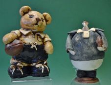 2x Ceramic rugby figures - to incl Cal Jgnasi Uruguay handmade and hand painted pottery caricature