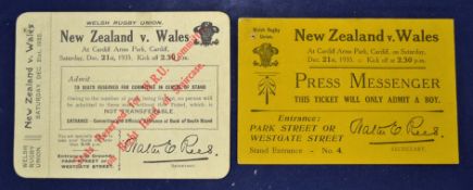 2x 1935 Wales vs New Zealand rugby match tickets - played at Cardiff Arms Park on Saturday 21st
