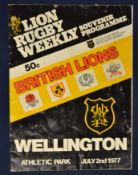 1977 British Lions v Wellington rugby programme – played on 2nd July with the Lions winning 13-6 –