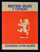 1971 British Lions v Otago rugby programme – played on the 12th June with the Lions winning 21-9 –