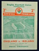 1939 England v Ireland rugby programme-played on February 11 which saw Ireland beat England 5-0 -