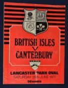 1977 British Lions v Canterbury rugby programme – played on 25th June with the Lions winning 14-13 –