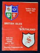 1977 British Lions v Southland rugby programme – played on 11th June with the Lions winning 20-