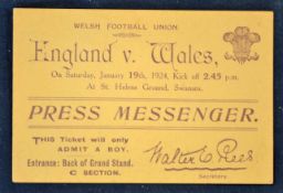 1924 Wales v England rugby match ticket – “Press Messenger” ticket - played on Saturday 19th January
