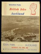 1959 British Lions v Auckland rugby programme – played on the 27th June with the Lions winning 15-10