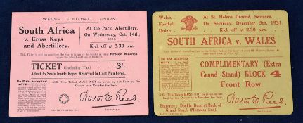 2x 1931 Welsh v South Africa rugby tickets - to include v Cross Keys and Abertillery played at The