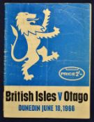 1966 British Lions v Otago rugby programme-played on the 18th June with Otago wining 17-9 – both