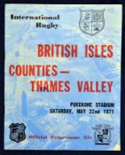 1971 British Lions v Counties and Thames Valley rugby programme – played on the 22nd May with the