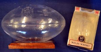 Welsh Rugby Centenary Commemorative Glass Rugby Ball -mounted on wooden plinth and engraved to one