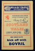 1948 Wales v Scotland rugby programme -played at Cardiff Arms Park on Saturday 7th February - with