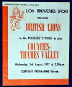 1977 British Lions v Counties-Thames Valley rugby programme – played on 3rd August with the Lions