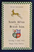 1962 British Lions v South Africa rugby programme – 2nd test match played at Kings Park Durban on