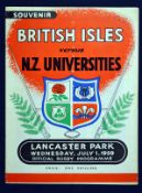 1959 British Lions v New Zealand Universities rugby programme – played on the 1st July at