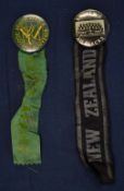 2x rare International Rugby Souvenir Ribbon supporters tin/enamel pin badges – to incl New Zealand
