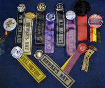 Collection of New Zealand Rugby Ribbon Badges varying in sizes, tin badges mostly circular style