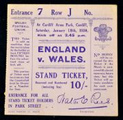 1930 Wales v England rugby match ticket - played at Cardiff Arms Park on January 18 with England