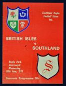 1971 British Lions v Southland rugby programme – played on the 30th June with the Lions winning 25-3