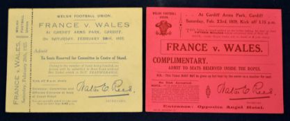 1925 and 1929 Wales vs France rugby match tickets- both played at Cardiff Arms Park on Saturday,