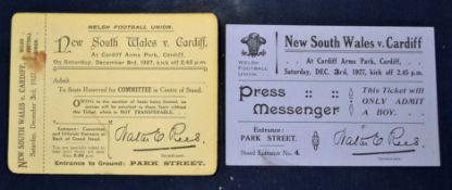 1927 Cardiff v New South Wales Waratahs rugby match tickets - to include “Reserved Committee