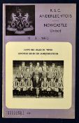 Newcastle United Football Programme Anderlecht v Newcastle United 11th March 1970, slight foxing and