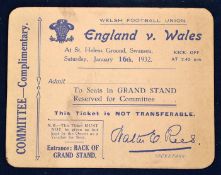 1932 Wales vs England rugby match ticket - played at St Helens Ground Swansea on January 16 with