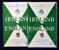 2x 1950s Ireland v England rugby programmes - to incl ’57 (England Grand Slam winners) scuffed spine