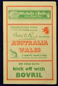 1947 Wales v Australia rugby programme -played at Cardiff Arms Park on December 20 with Wales