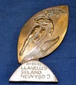 1972 Llanelli Rugby Club brass commemorative rugby ball trophy - produced by Rees Industries,