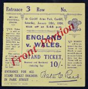 1930 Wales vs England rugby match ticket - played at Cardiff Arms Park with England beating Wales