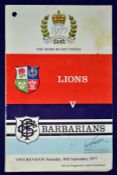 1977 British Lions v Barbarians rugby programme – played at Twickenham on 10th September to