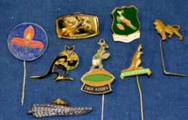 Collection of rugby international brass and enamel pin badges - to New Zealand Rugby Football