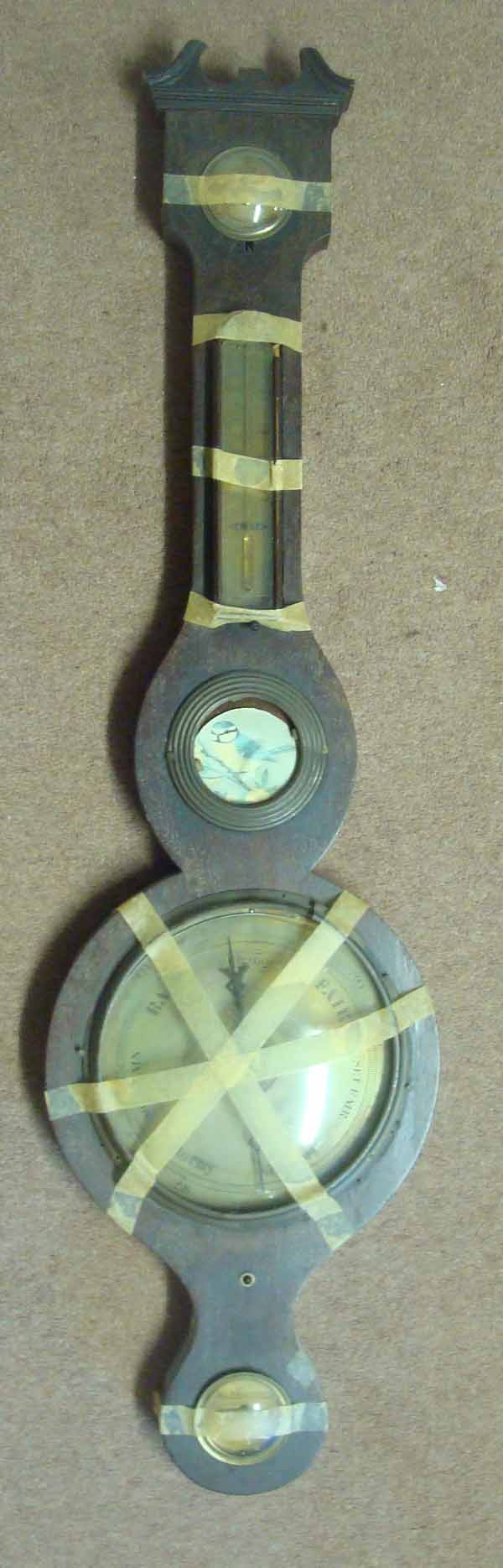 19th/20th Barometer: Having Dry / Damp Dial, Thermometer, and barometer dial in shaped wooden casing