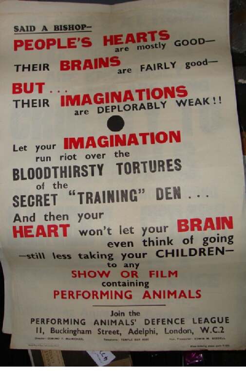 Ephemera ? Poster ? Performing Animals Defence League  powerful text only poster to parents asking