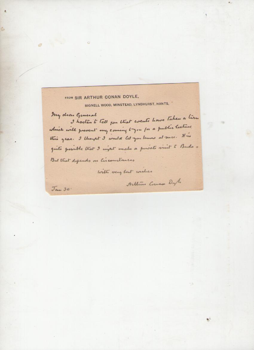 Autograph ? Literature ? Sir Arthur Conan Doyle autograph letter signed on a correspondence card to