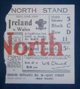 1957 Ireland v Wales Rugby Match Ticket â€“ played at Cardiff Arms on 09/03/57, without the stub and